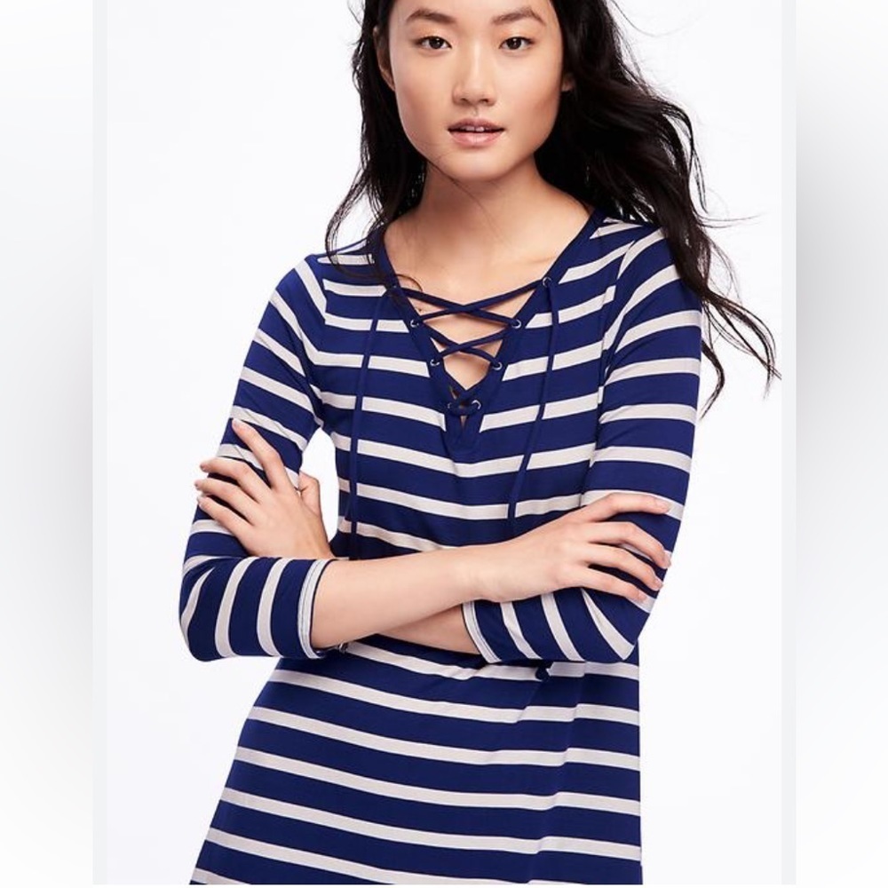 Old Navy - Striped Laced Front Blue and White Long Sleeve Shift Dress - Size XL